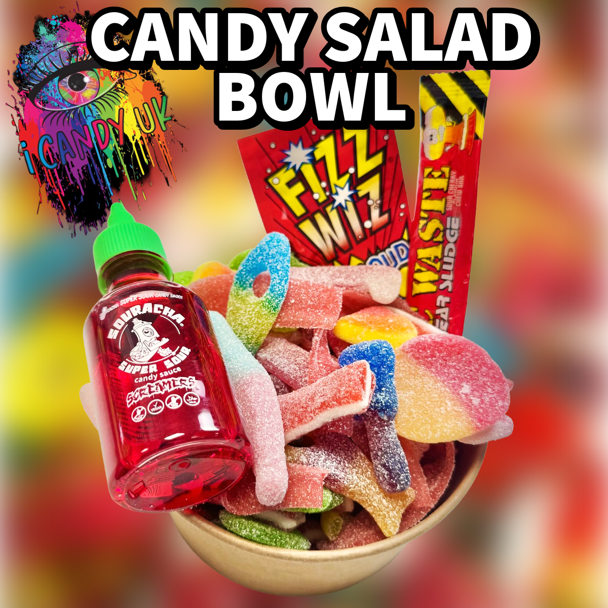 Candy Salad Bowl - Included 1 Souracha bottle, Popping Candy & Sour Chew Bar